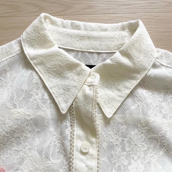 J KOO designer lace bell sleeve button up shirt blouse xs - Picture 3 of 8
